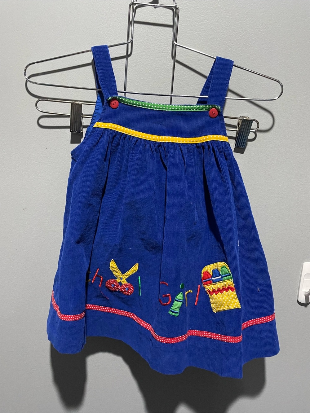 Girls Blue Corduroy Pinafore Dress with Colorful Embroidery